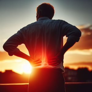 A man showing low back pain as he massages his vertebrae